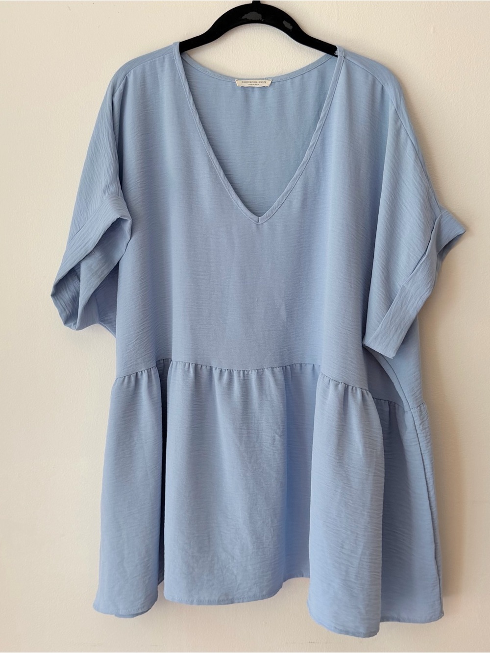 1X Light Blue V-Neck Women's Peplum Tunic Top